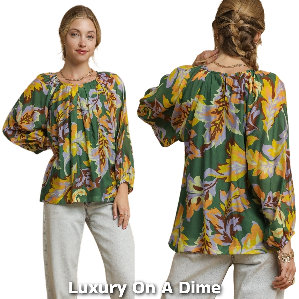 Umgee Retro Abstract Shirt Pleated 70s Round Neck Top Long Balloon Sleeve Blouse - Picture 2 of 16